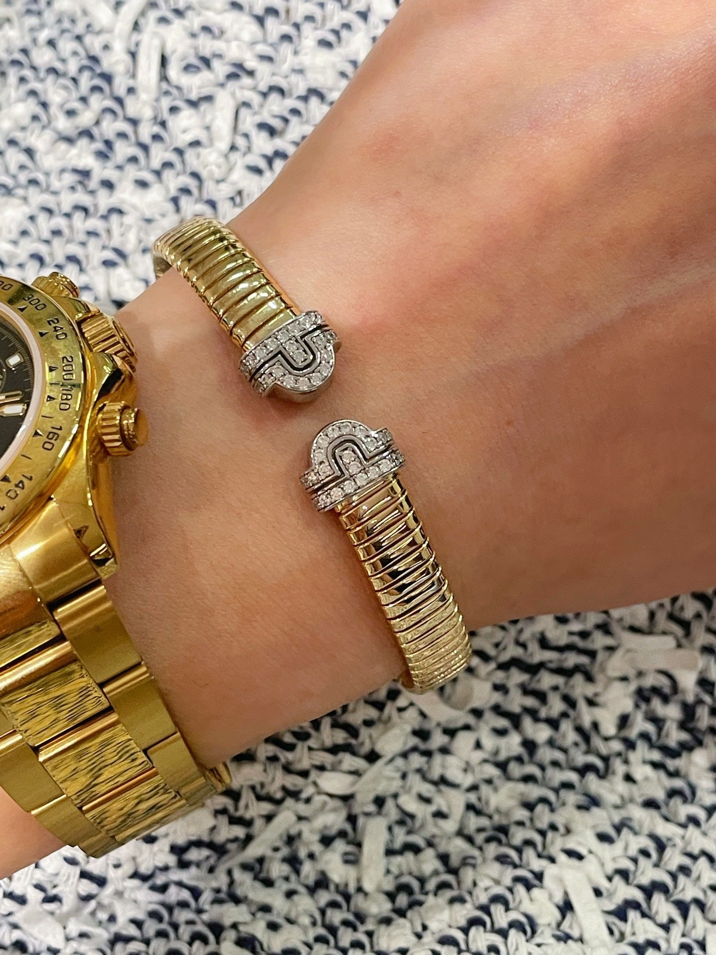 Vintage Pave Diamond Open Cuff Bracelet – Dual - Tone Gold & Silver - floysun