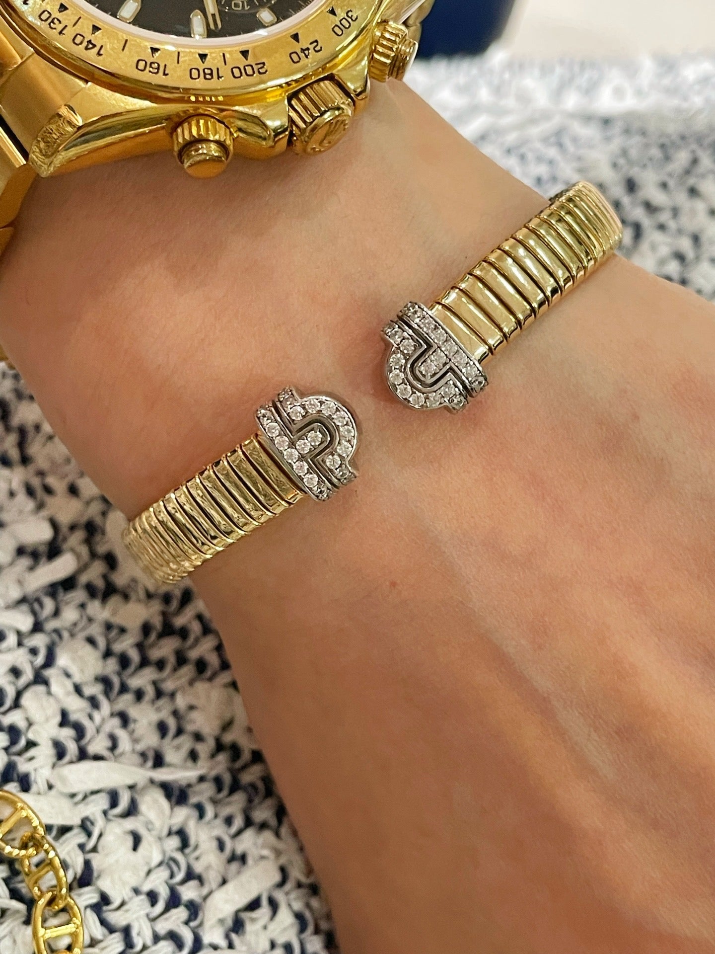Vintage Pave Diamond Open Cuff Bracelet – Dual - Tone Gold & Silver - floysun