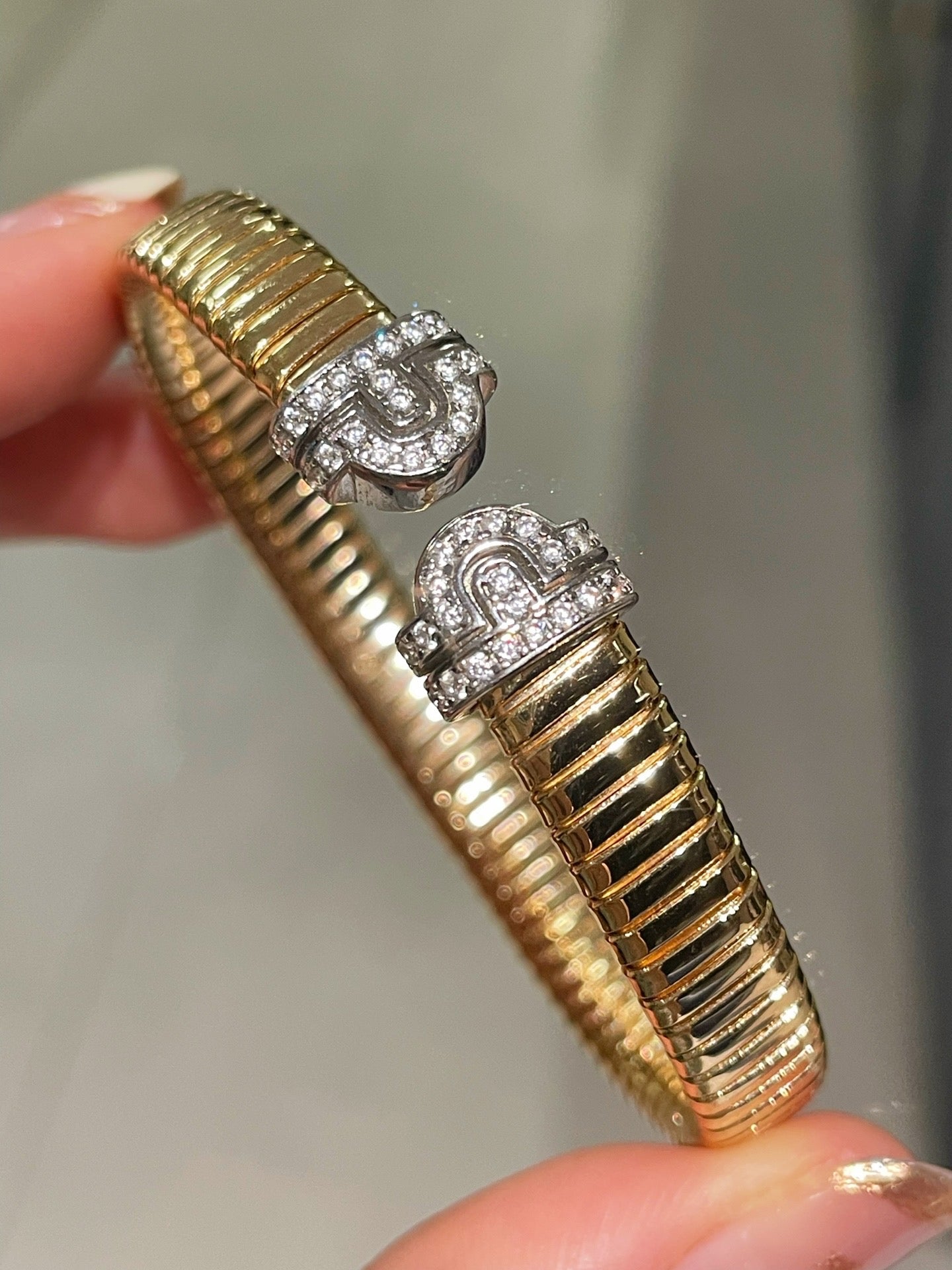 Vintage Pave Diamond Open Cuff Bracelet – Dual - Tone Gold & Silver - floysun