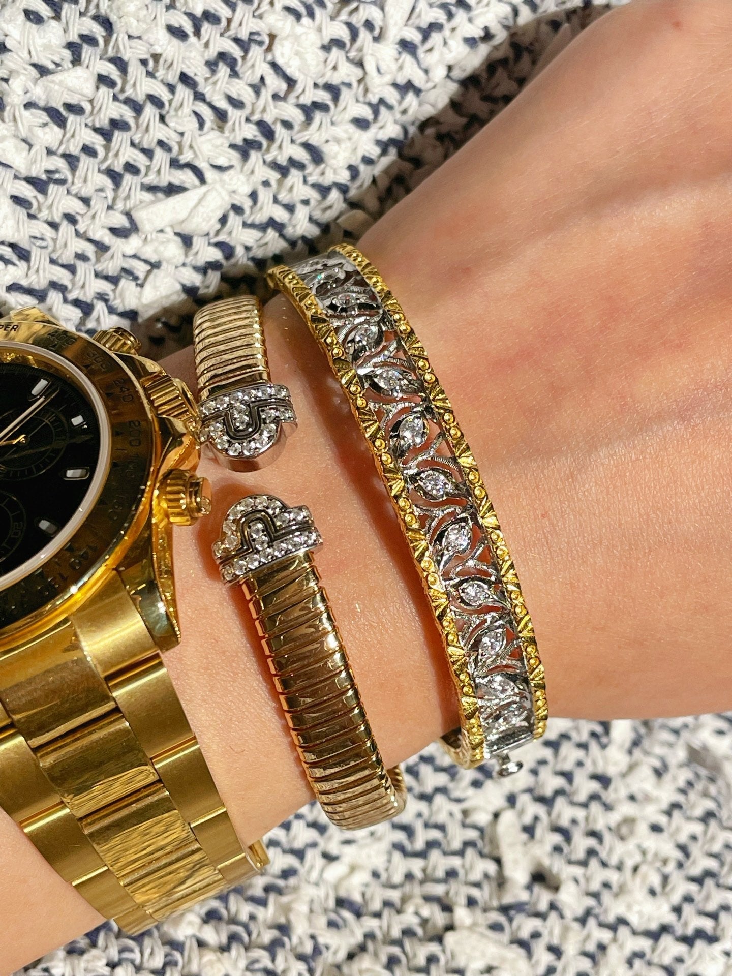 Vintage Pave Diamond Open Cuff Bracelet – Dual - Tone Gold & Silver - floysun