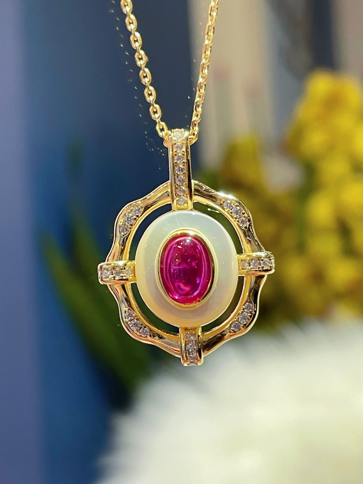 Vintage White Mother - of - Pearl & Ruby Necklace - floysun