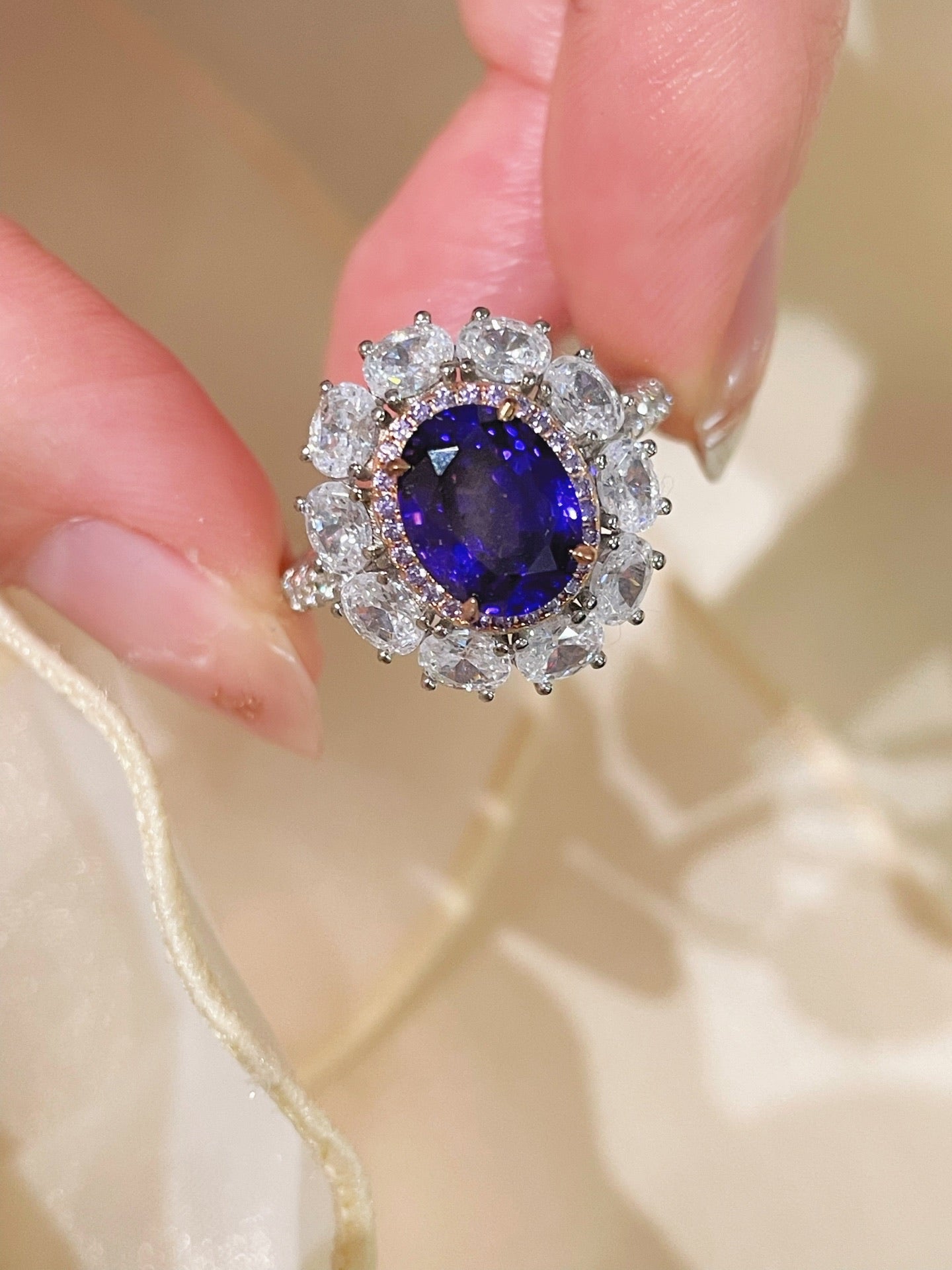 Violet Sapphire & Pink Diamond Halo Statement Ring - floysun