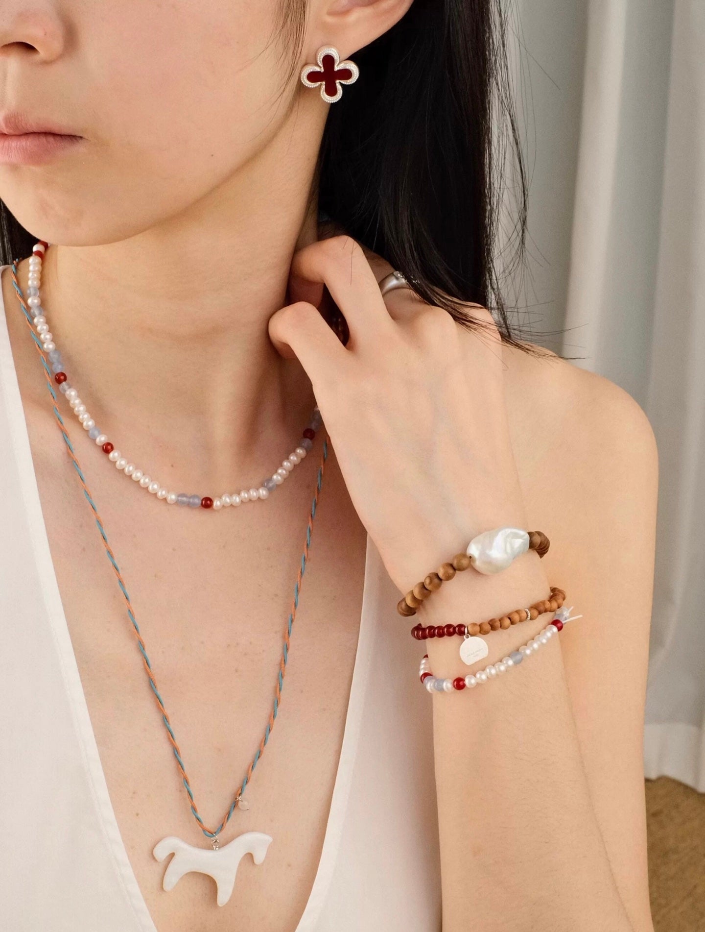 Waltz in Color Red & Blue Agate Pearl Necklace - floysun