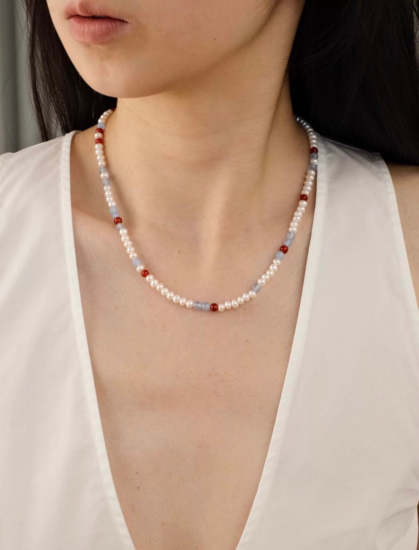 Waltz in Color Red & Blue Agate Pearl Necklace - floysun