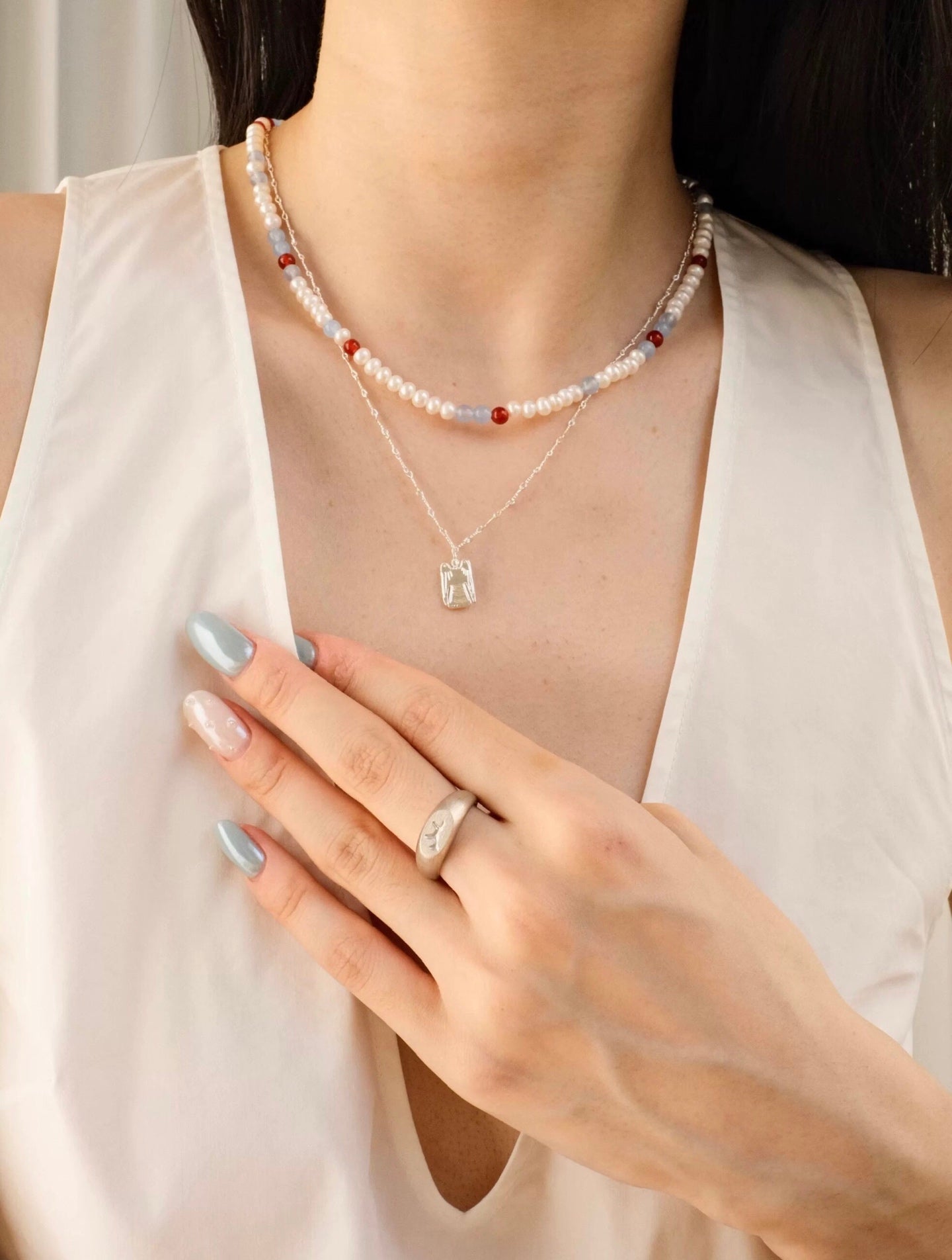 Waltz in Color Red & Blue Agate Pearl Necklace - floysun