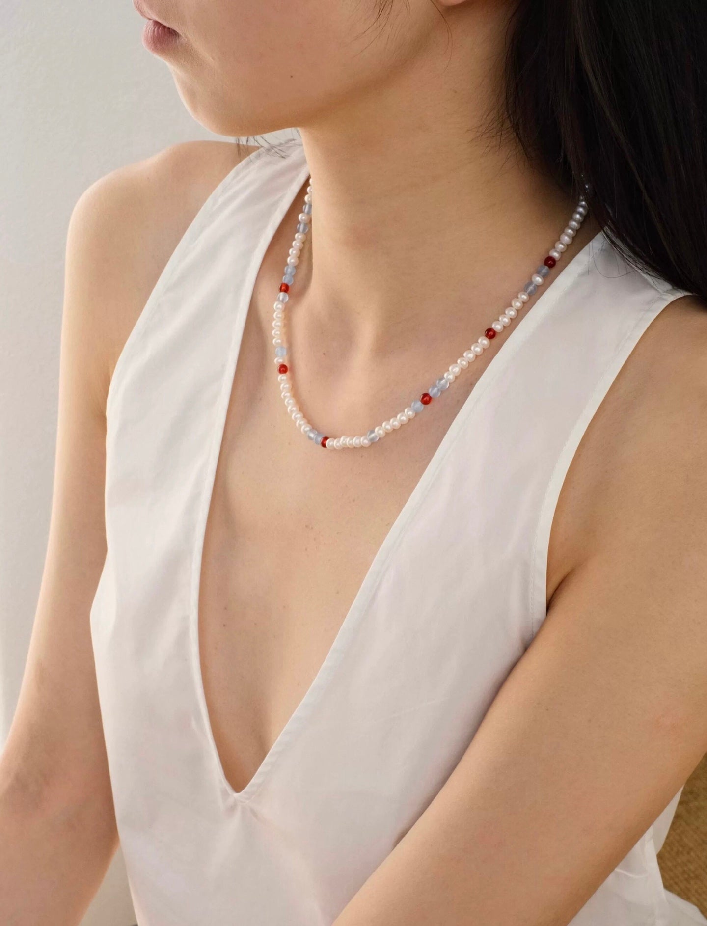 Waltz in Color Red & Blue Agate Pearl Necklace - floysun