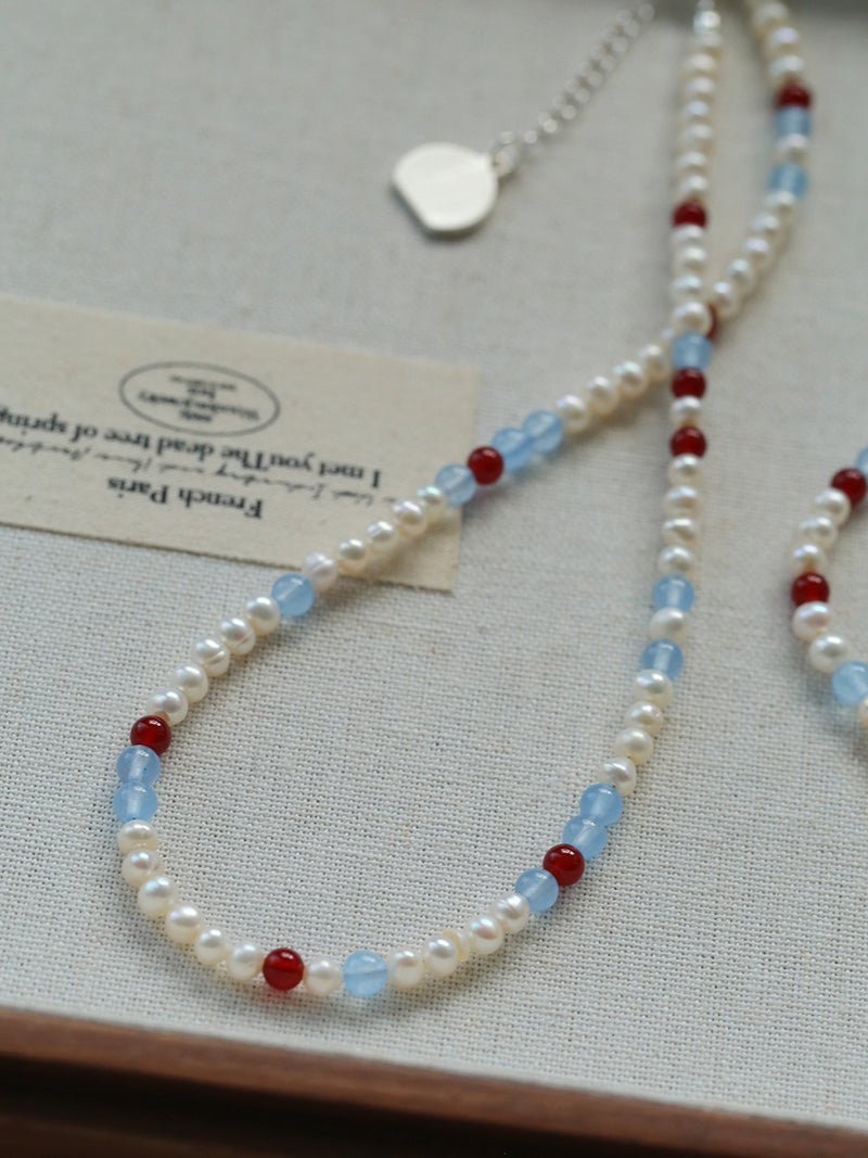 Waltz in Color Red & Blue Agate Pearl Necklace - floysun