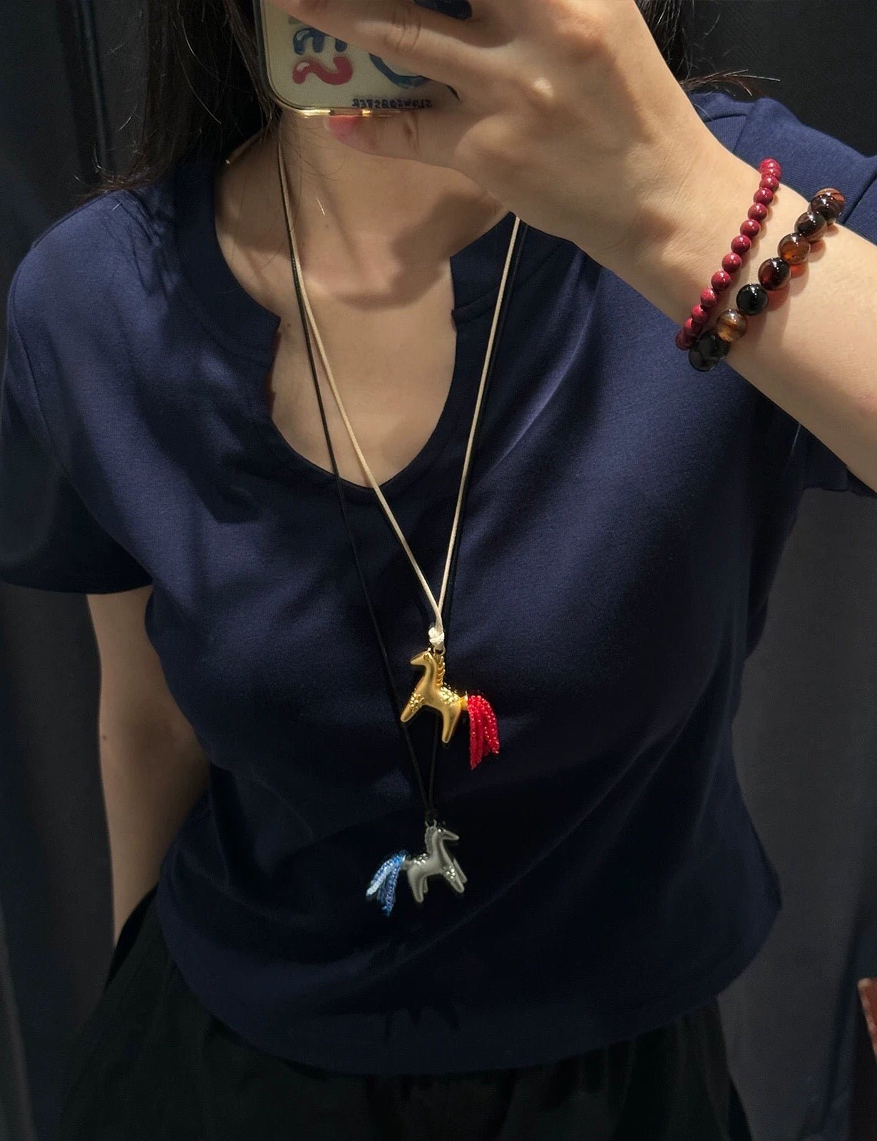 Whimsical Pony Charm Necklace – Adjustable Woven Cord with Glass Bead Tail - floysun