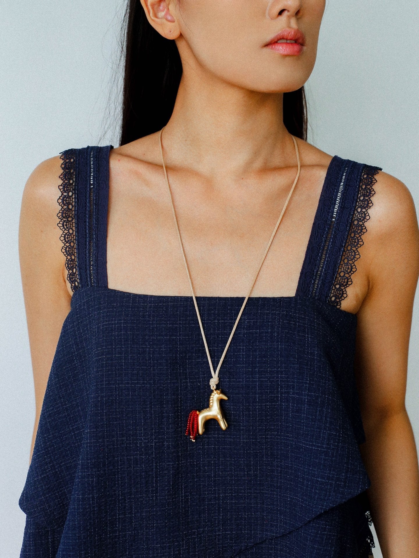Whimsical Pony Charm Necklace – Adjustable Woven Cord with Glass Bead Tail - floysun