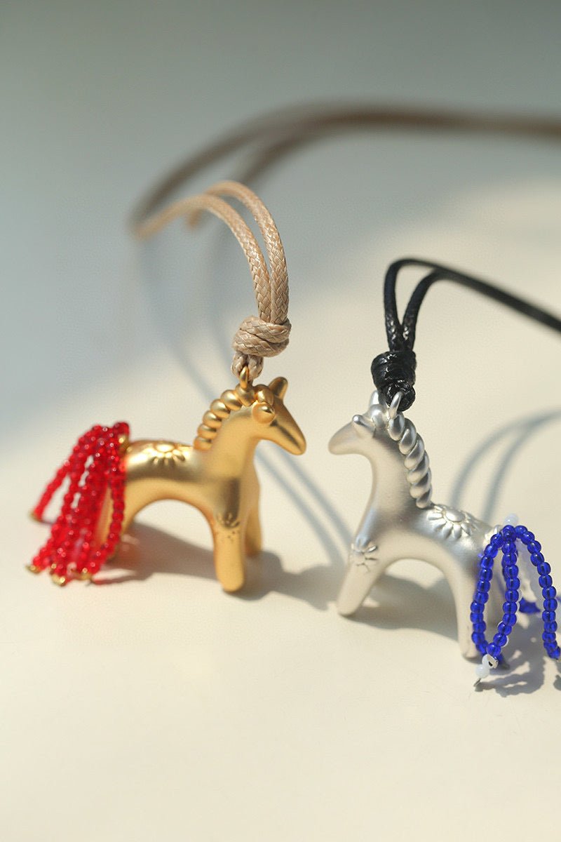 Whimsical Pony Charm Necklace – Adjustable Woven Cord with Glass Bead Tail - floysun