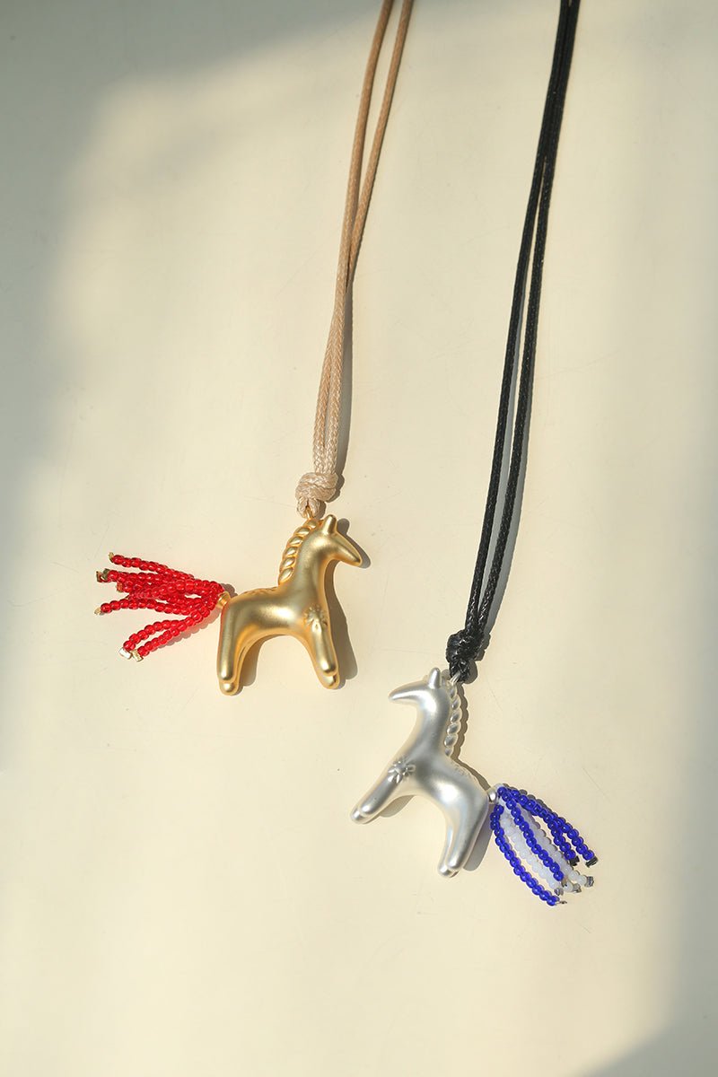 Whimsical Pony Charm Necklace – Adjustable Woven Cord with Glass Bead Tail - floysun