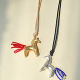 Whimsical Pony Charm Necklace – Adjustable Woven Cord with Glass Bead Tail - floysun