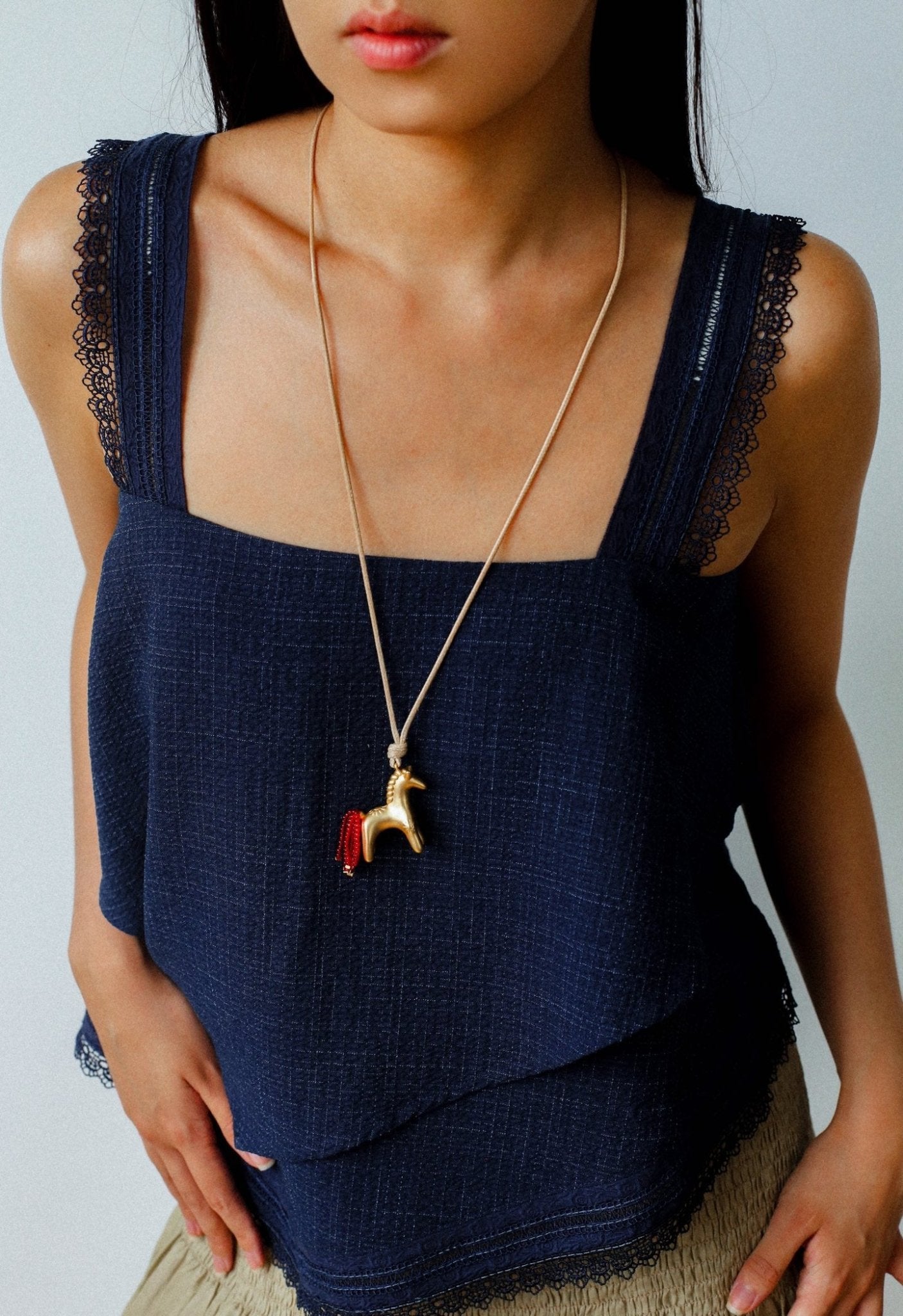 Whimsical Pony Charm Necklace – Adjustable Woven Cord with Glass Bead Tail - floysun