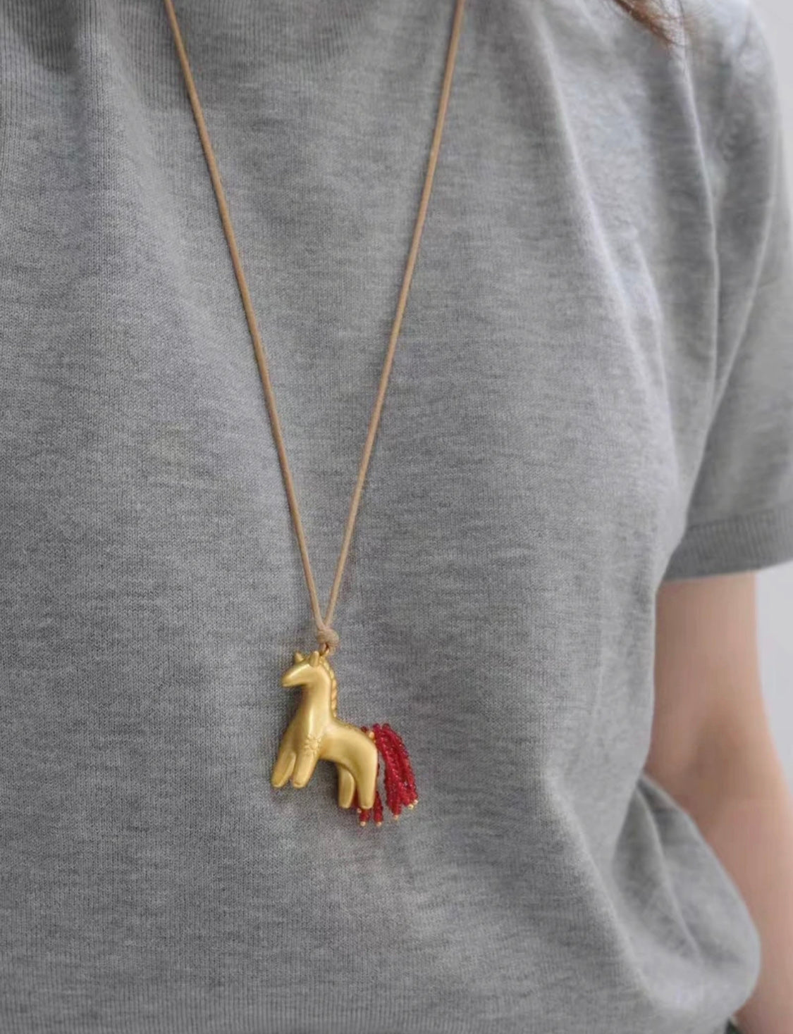 Whimsical Pony Charm Necklace – Adjustable Woven Cord with Glass Bead Tail - floysun