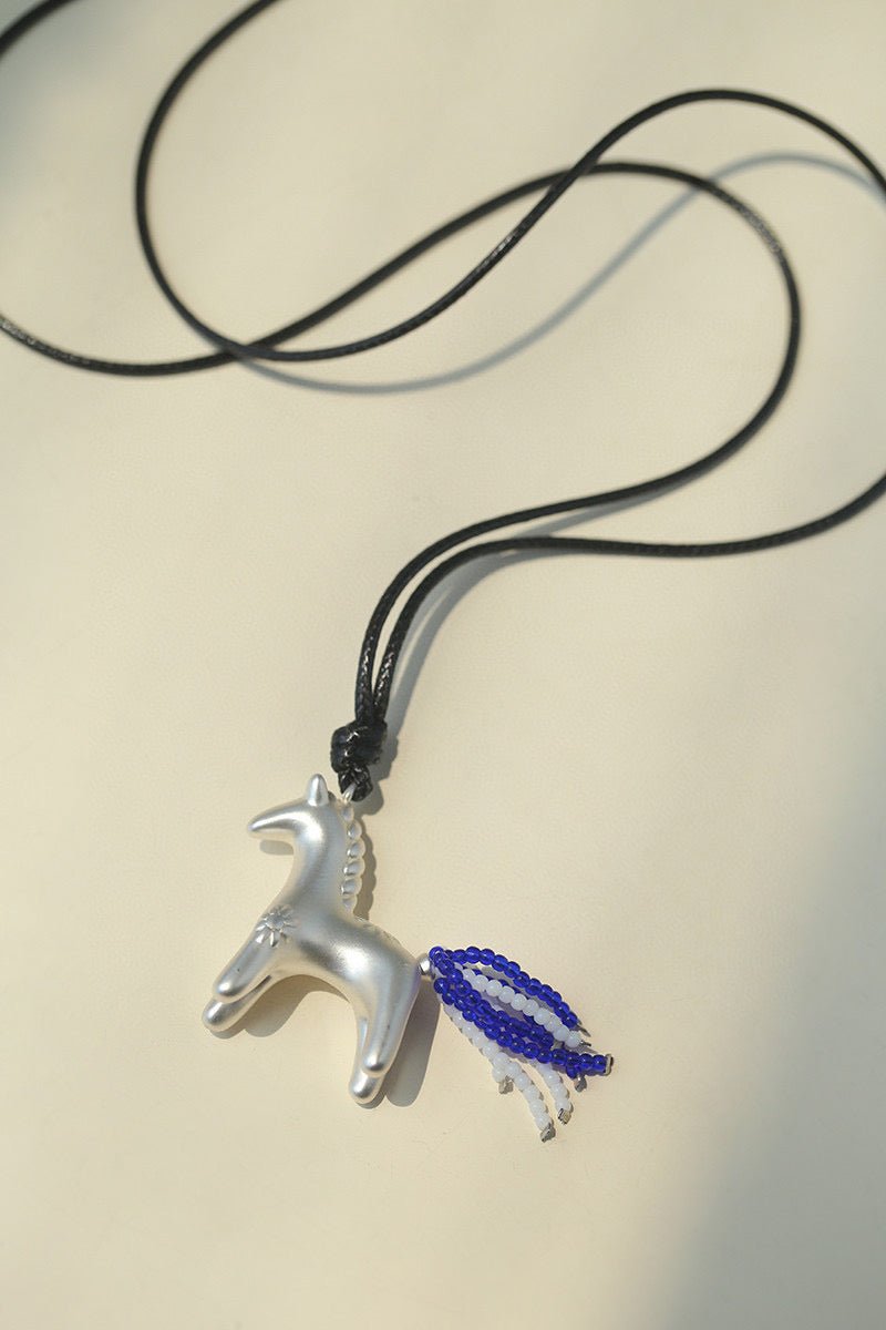 Whimsical Pony Charm Necklace – Adjustable Woven Cord with Glass Bead Tail - floysun