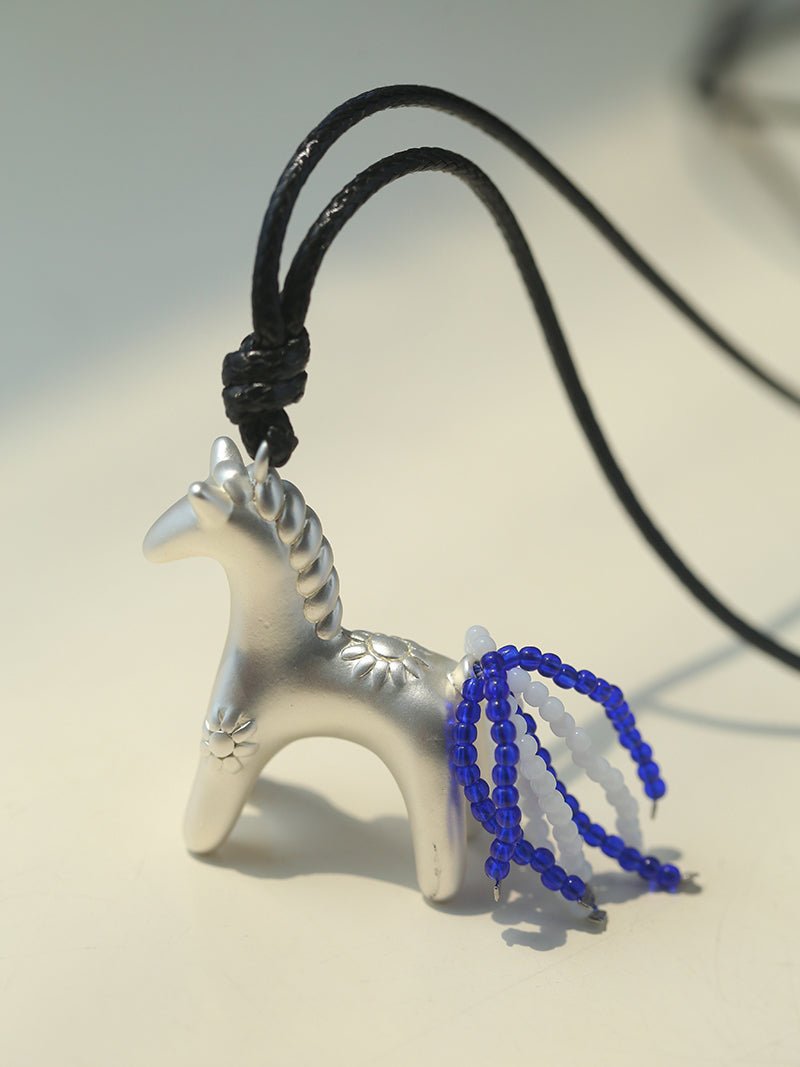 Whimsical Pony Charm Necklace – Adjustable Woven Cord with Glass Bead Tail - floysun