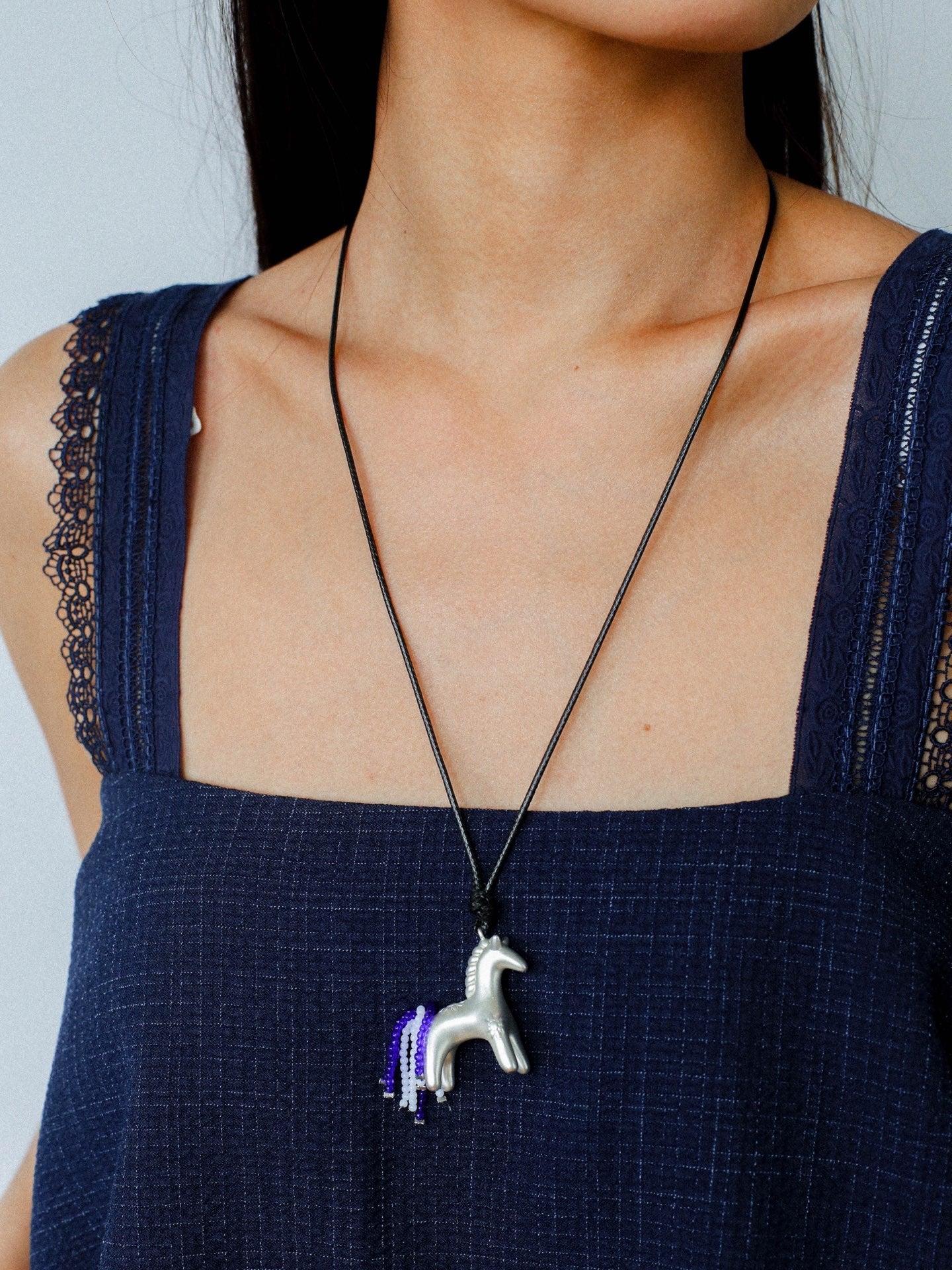 Whimsical Pony Charm Necklace – Adjustable Woven Cord with Glass Bead Tail - floysun