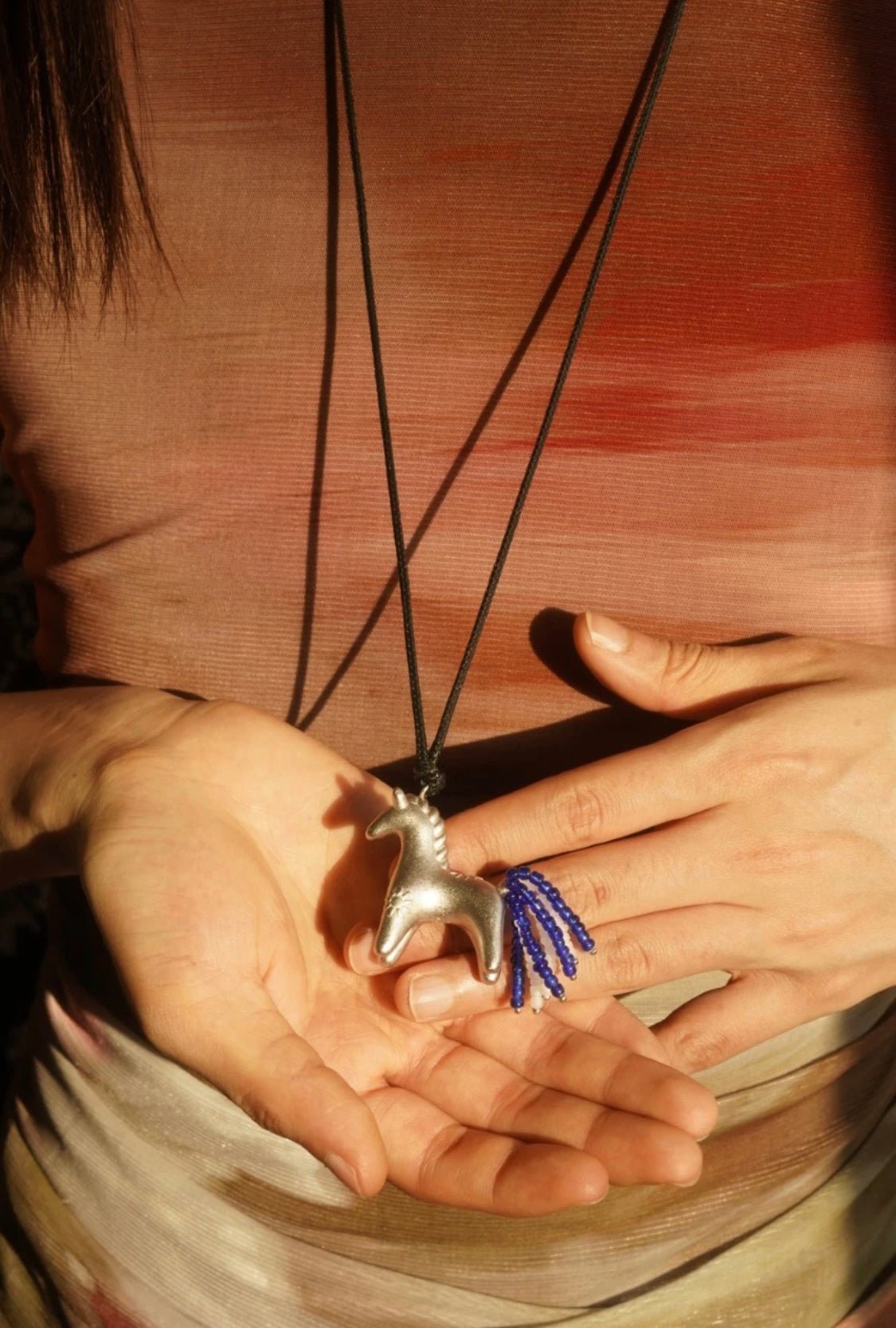 Whimsical Pony Charm Necklace – Adjustable Woven Cord with Glass Bead Tail - floysun