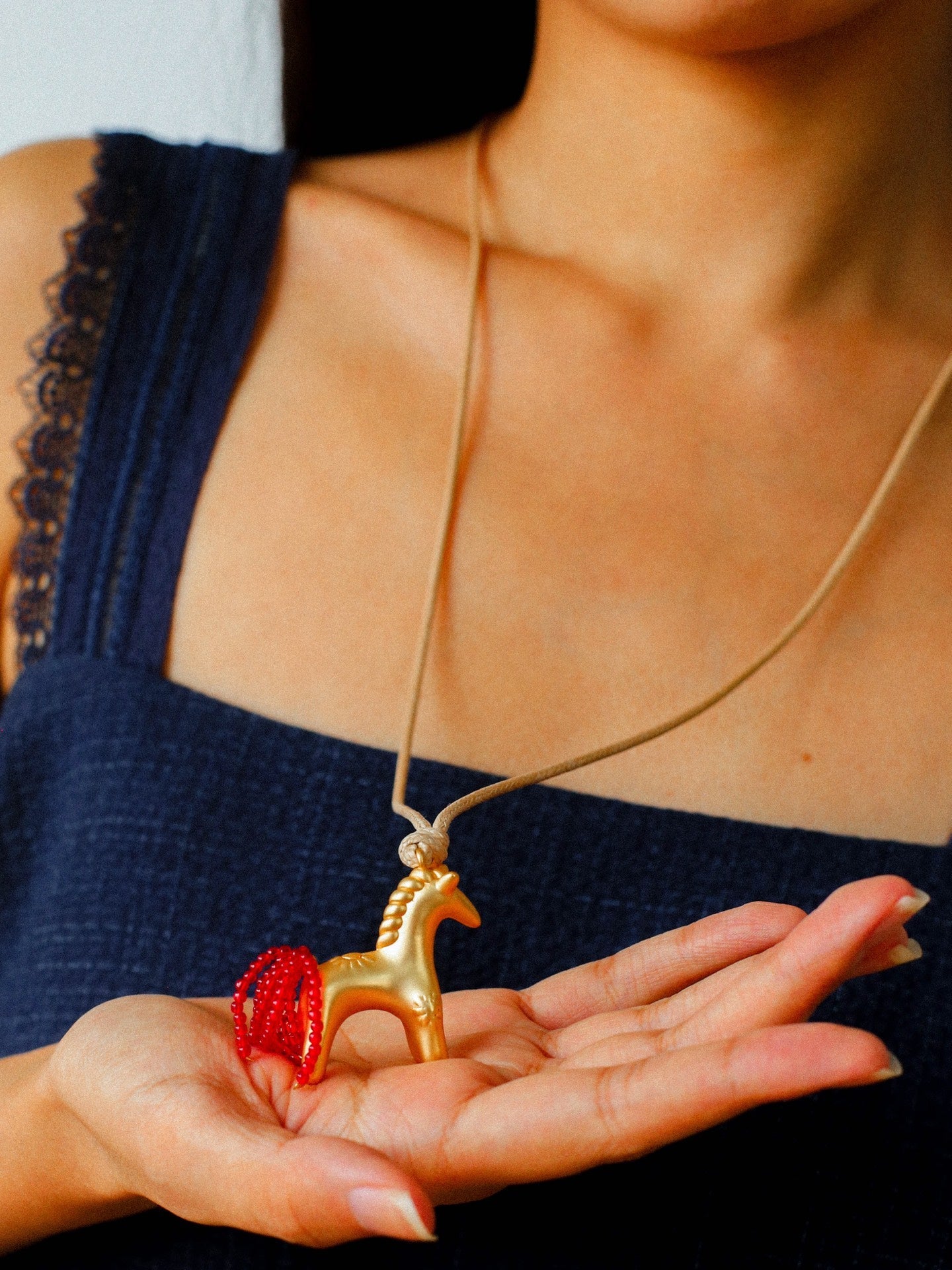 Whimsical Pony Charm Necklace – Adjustable Woven Cord with Glass Bead Tail - floysun