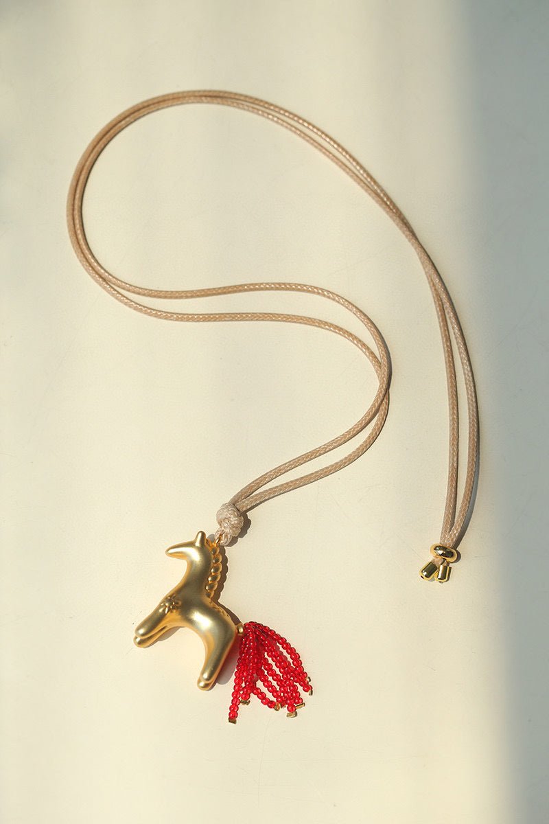 Whimsical Pony Charm Necklace – Adjustable Woven Cord with Glass Bead Tail - floysun
