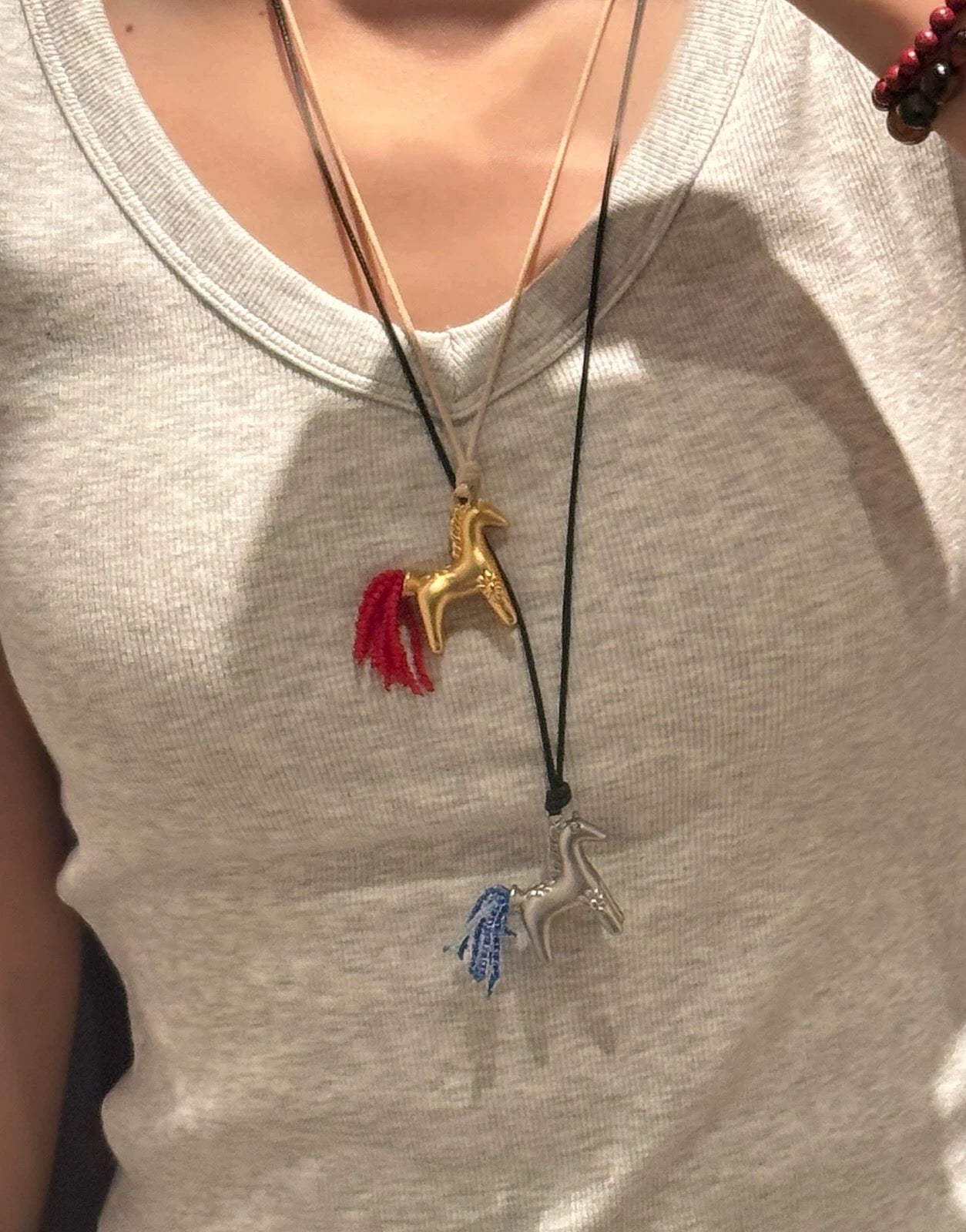 Whimsical Pony Charm Necklace – Adjustable Woven Cord with Glass Bead Tail - floysun