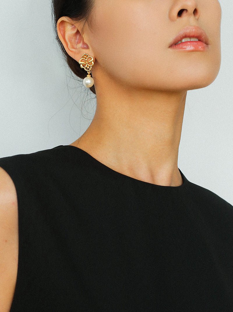 Whisper of Lace Bridal Pearl Earrings - Gold - floysun