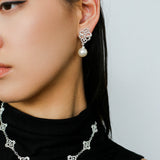 Whisper of Lace Bridal Pearl Earrings - Silver - floysun
