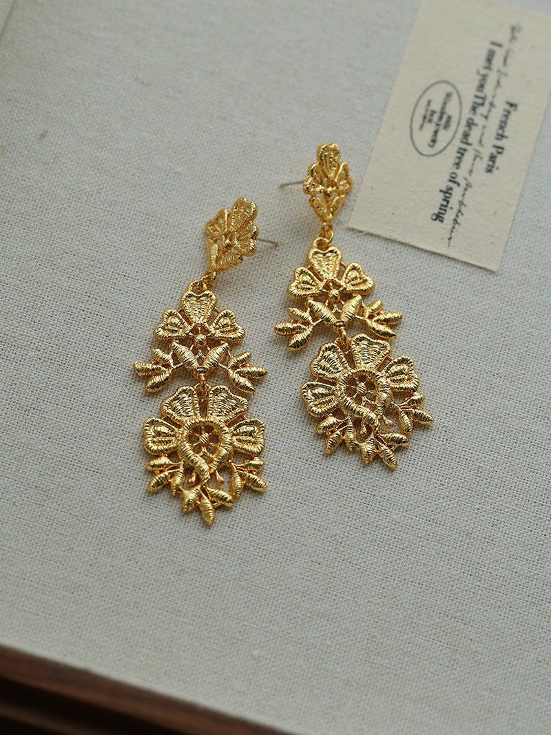 Whisper of Lace Embroidered Metal Earrings - Gold - floysun