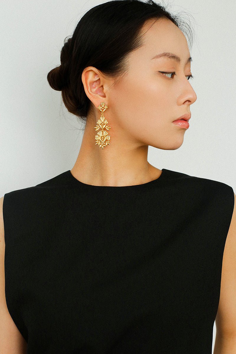 Whisper of Lace Embroidered Metal Earrings - Gold - floysun
