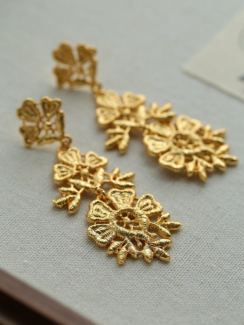 Whisper of Lace Embroidered Metal Earrings - Gold - floysun