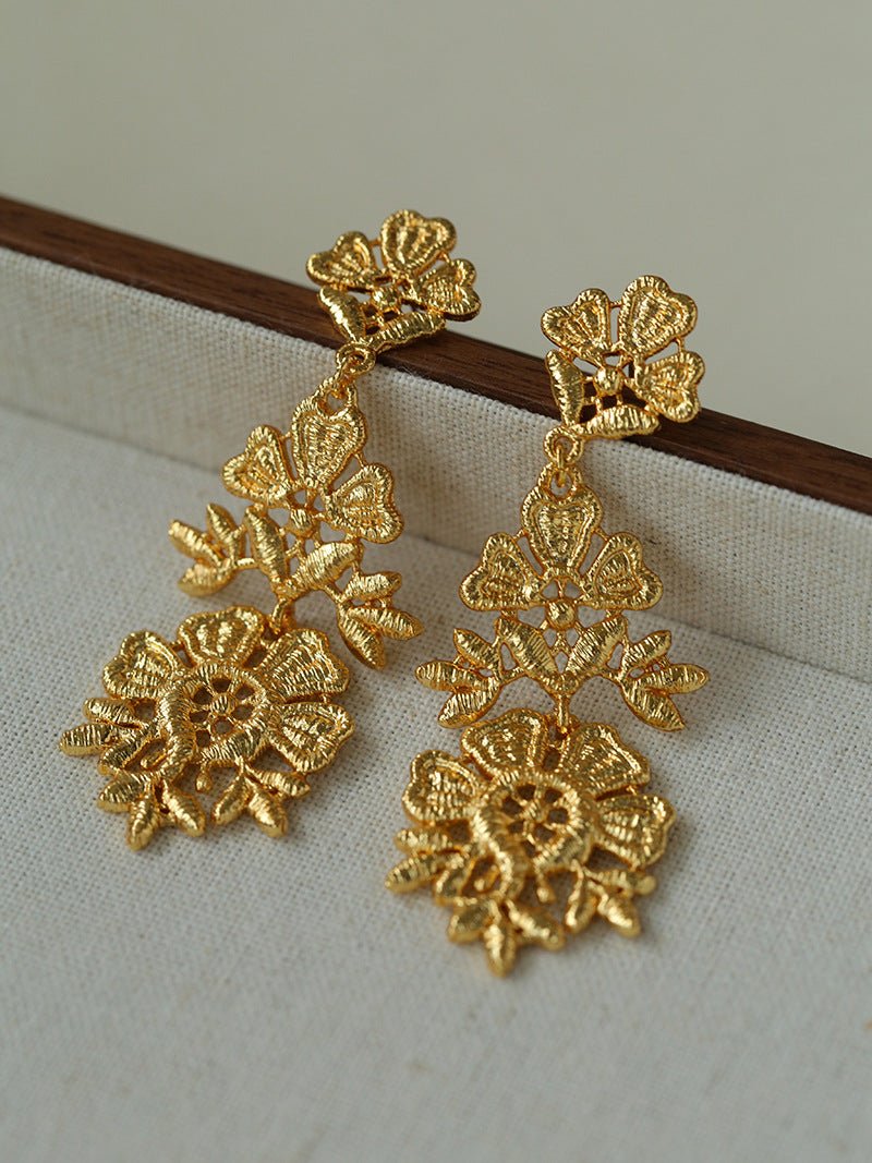 Whisper of Lace Embroidered Metal Earrings - Gold - floysun