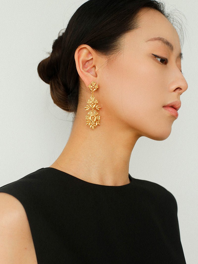 Whisper of Lace Embroidered Metal Earrings - Gold - floysun