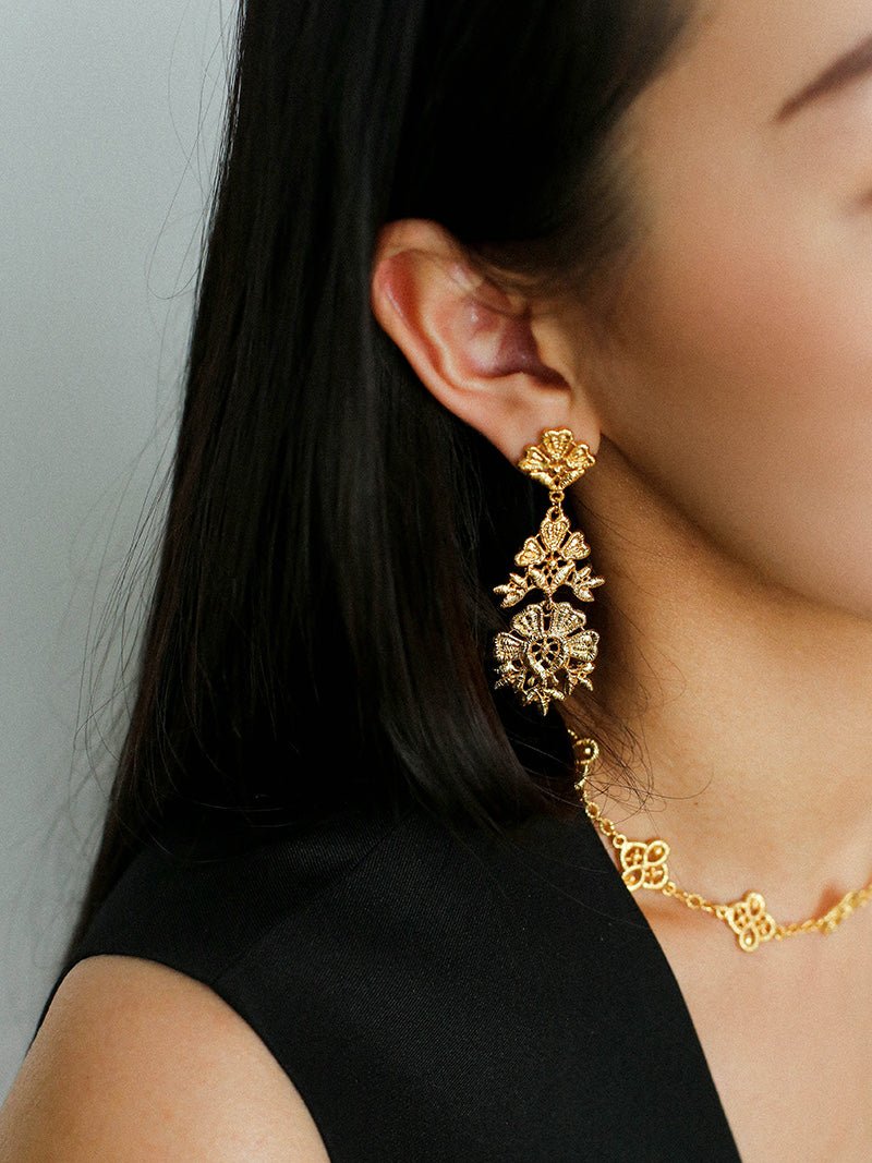 Whisper of Lace Embroidered Metal Earrings - Gold - floysun