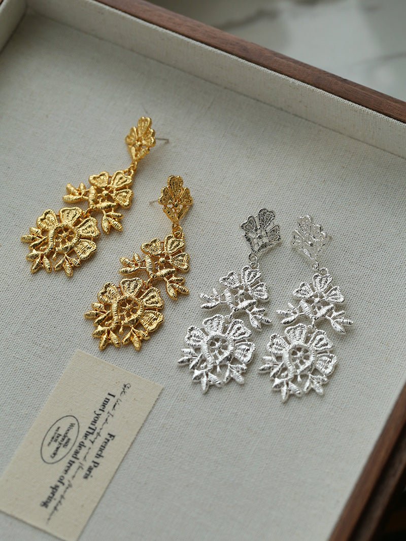 Whisper of Lace Embroidered Metal Earrings - Silver - floysun