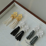 Whisper of Lace Pearl Tassel Earrings - Silver Black Onyx - floysun