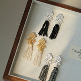 Whisper of Lace Pearl Tassel Earrings - Silver Black Onyx - floysun