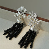 Whisper of Lace Pearl Tassel Earrings - Silver Black Onyx - floysun