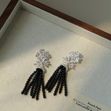 Whisper of Lace Pearl Tassel Earrings - Silver Black Onyx - floysun