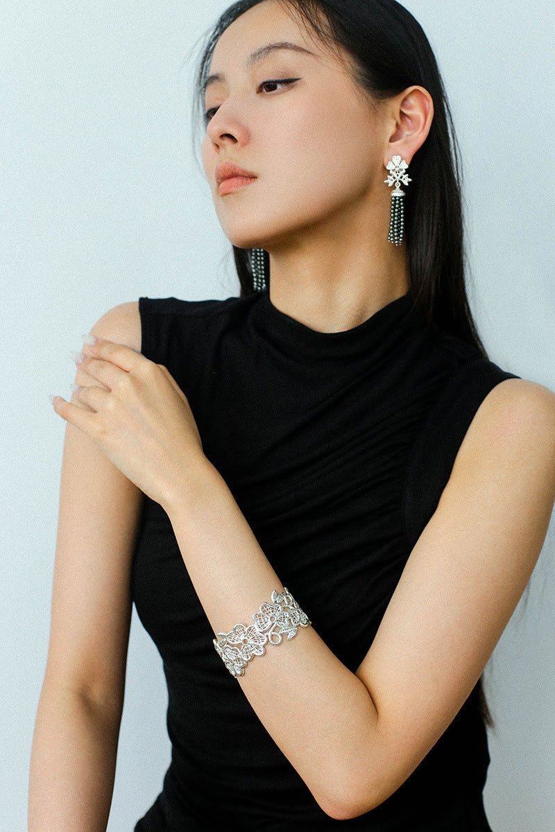Whisper of Lace Wide Embroidered Cuff Bracelet - Silver - floysun
