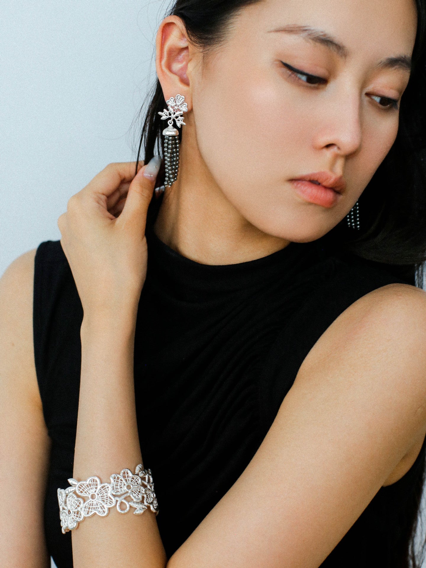 Whisper of Lace Wide Embroidered Cuff Bracelet - Silver - floysun