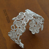 Whisper of Lace Wide Embroidered Cuff Bracelet - Silver - floysun