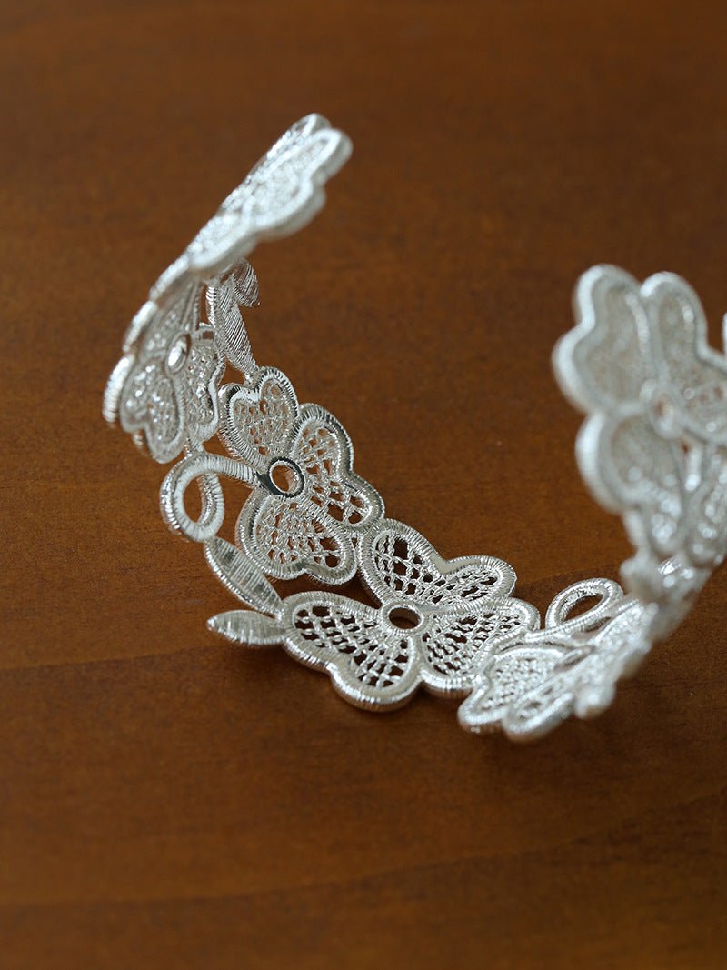 Whisper of Lace Wide Embroidered Cuff Bracelet - Silver - floysun