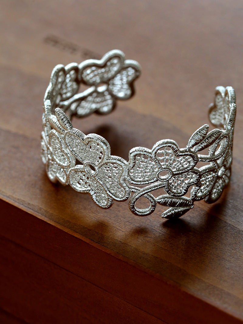 Whisper of Lace Wide Embroidered Cuff Bracelet - Silver - floysun