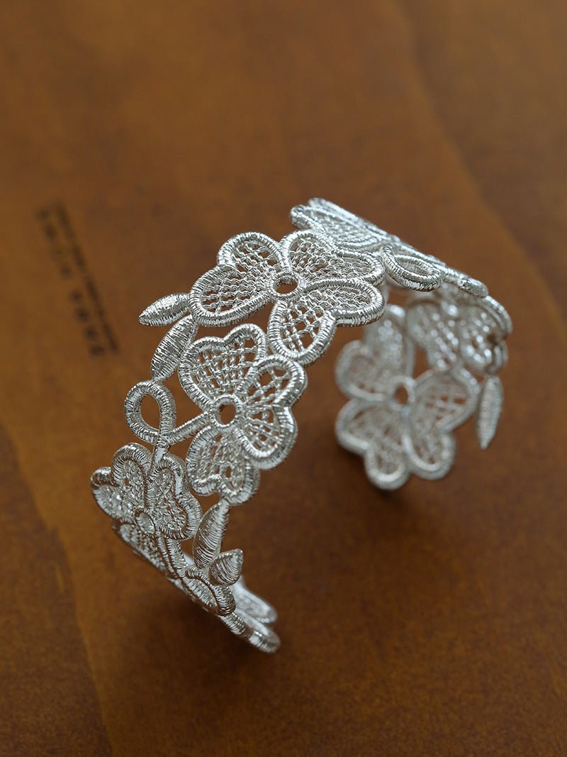 Whisper of Lace Wide Embroidered Cuff Bracelet - Silver - floysun
