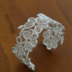 Whisper of Lace Wide Embroidered Cuff Bracelet - Silver - floysun