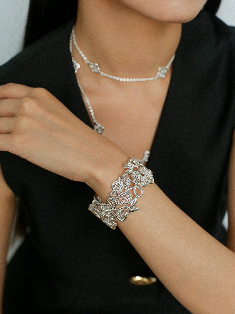 Whisper of Lace Wide Embroidered Cuff Bracelet - Silver - floysun