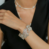Whisper of Lace Wide Embroidered Cuff Bracelet - Silver - floysun