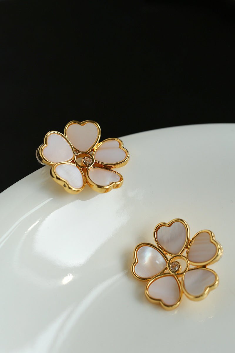 White Mother - of - Pearl Heart Blossom Stud Earrings - floysun