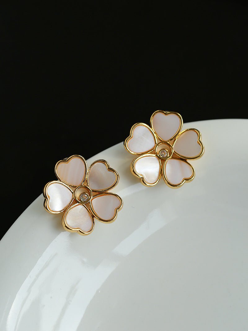 White Mother - of - Pearl Heart Blossom Stud Earrings - floysun