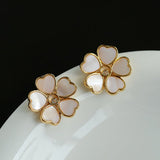 White Mother - of - Pearl Heart Blossom Stud Earrings - floysun